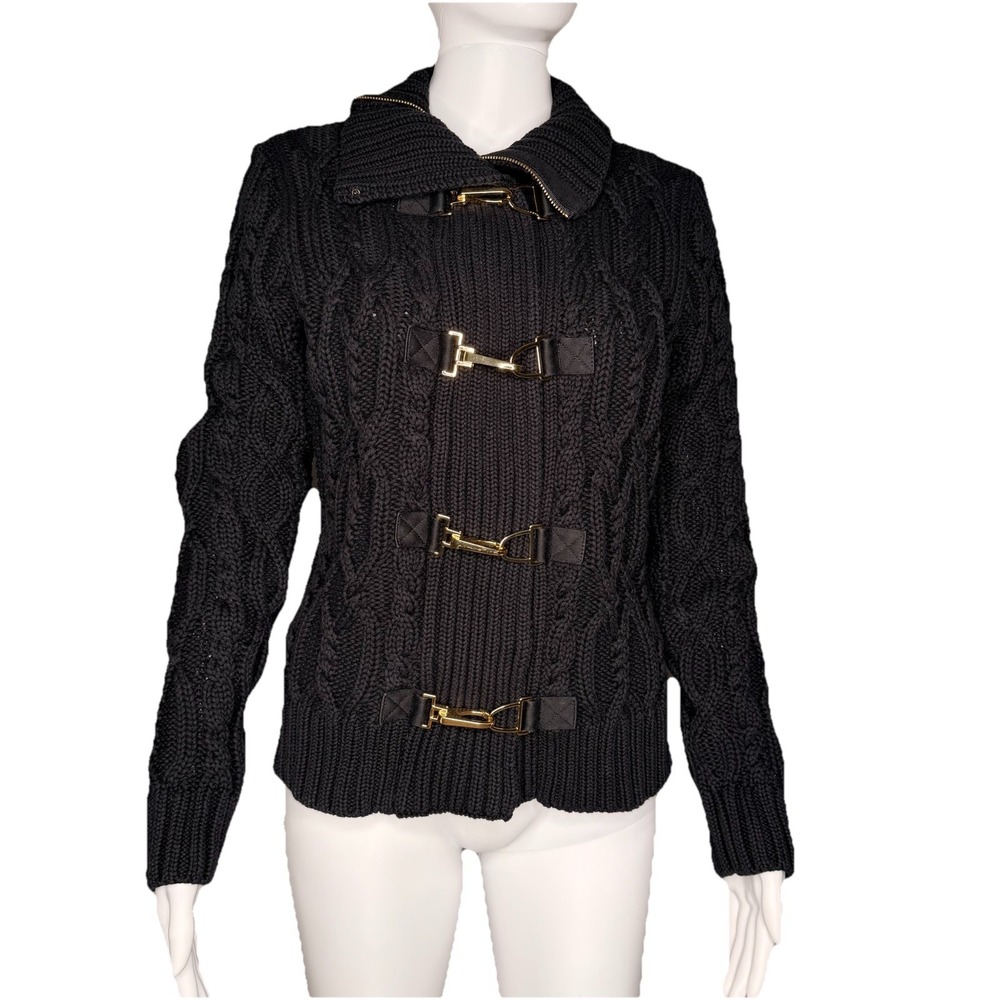 Lauren Ralph L Sweater Cable Knit Full Zip Cardigan W/Buckles Woman's SZ-S Black